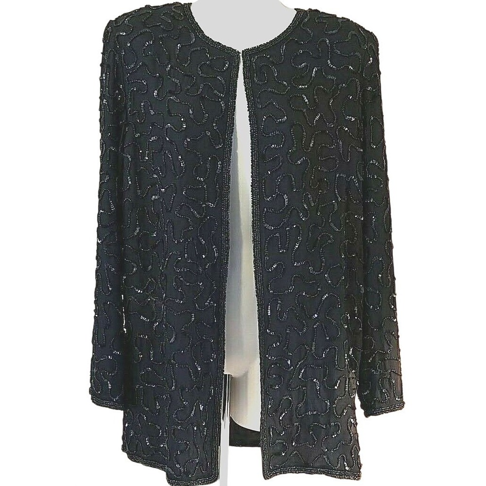 Valerie Stevens Black Beaded Sequin Silk Jacket 6 Art Deco Formal Evening Wear